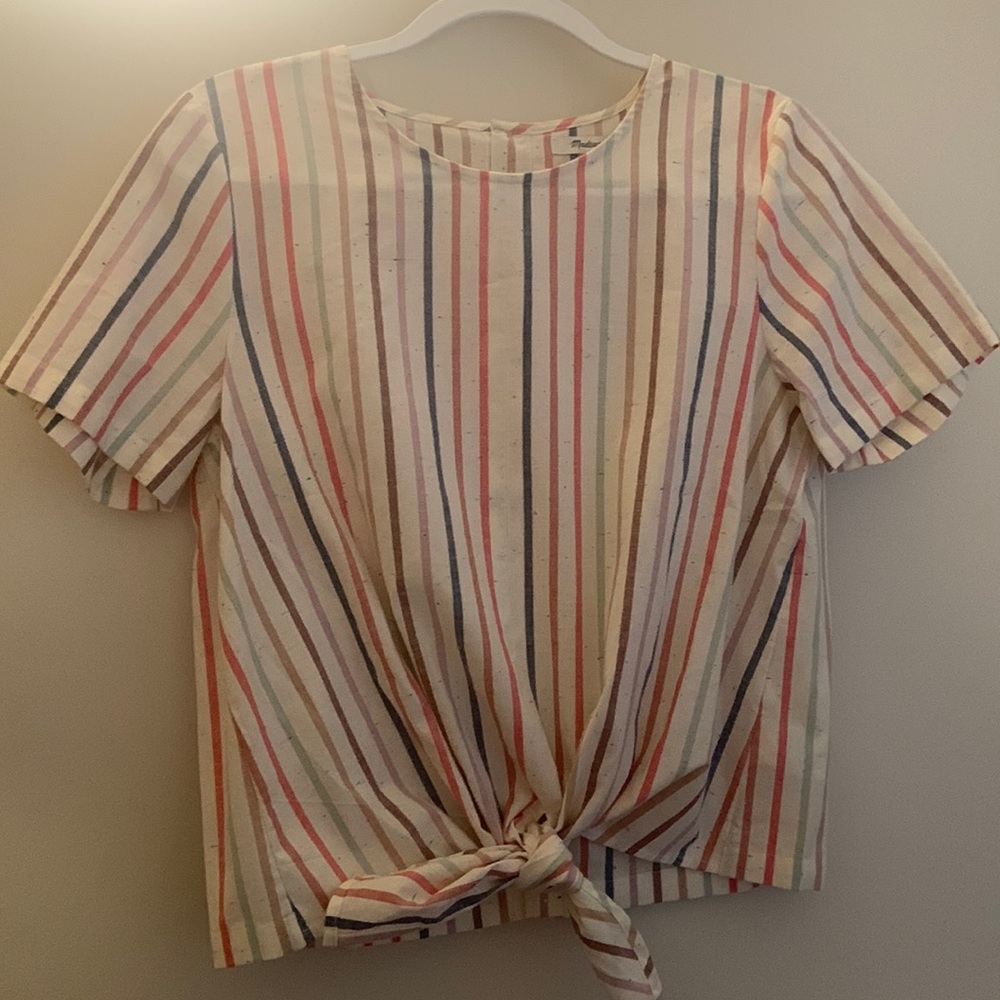 Madewell Linen Multicolor Striped Tie Boxy Top Size M Like New